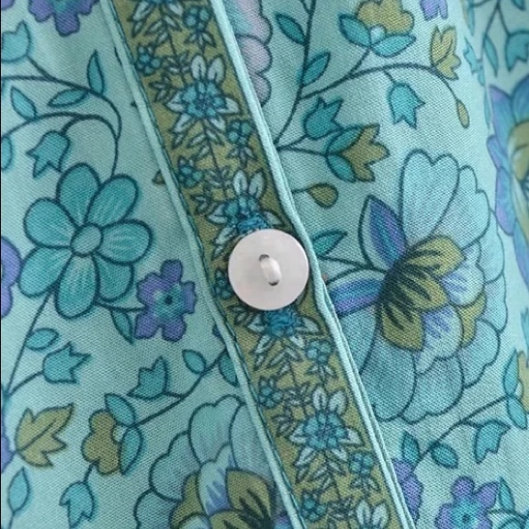 Bohemian Blue Floral Button Up Blouse Top - Picture 8 of 11